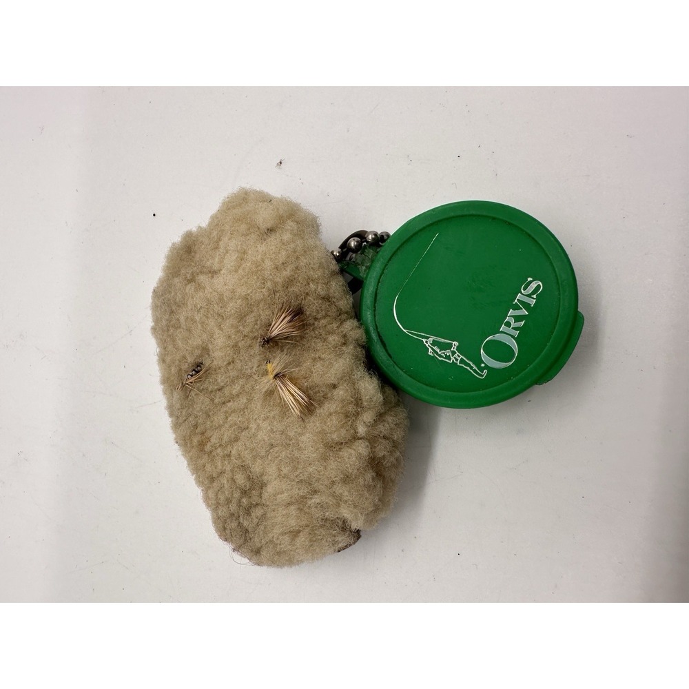 Vintage Orvis Fly‎ Line Dressing with Wool Fly Patch & Flies – Green Case